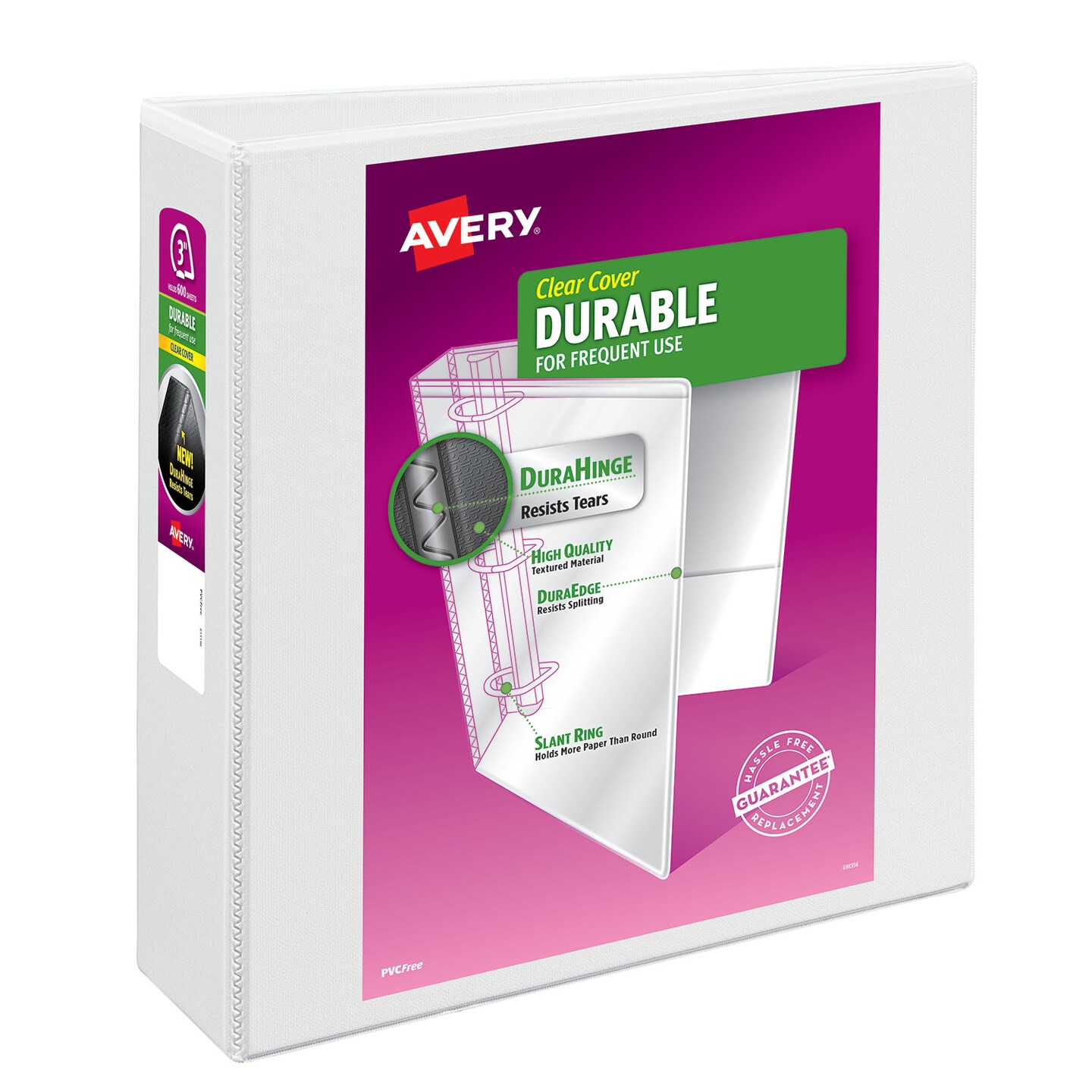 Avery Durable Clear View 3 Ring Binders, 3 Inch EZD Rings, 1 White Binder (09701)