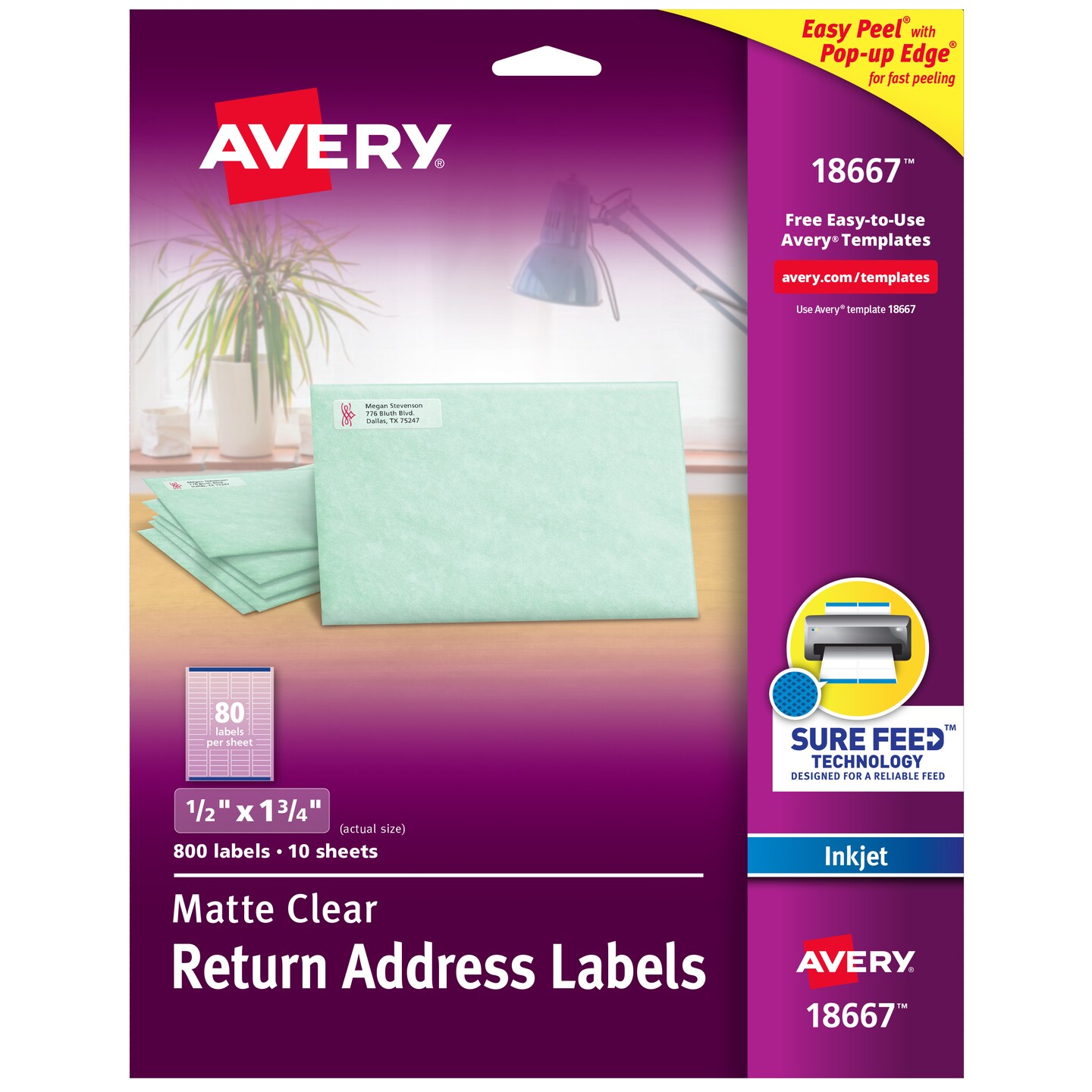 Avery Matte Clear Return Address Labels, Sure Feed Technology, Inkjet, 1/2&#x22; x 1-3/4&#x22;, 800 Labels (18667)