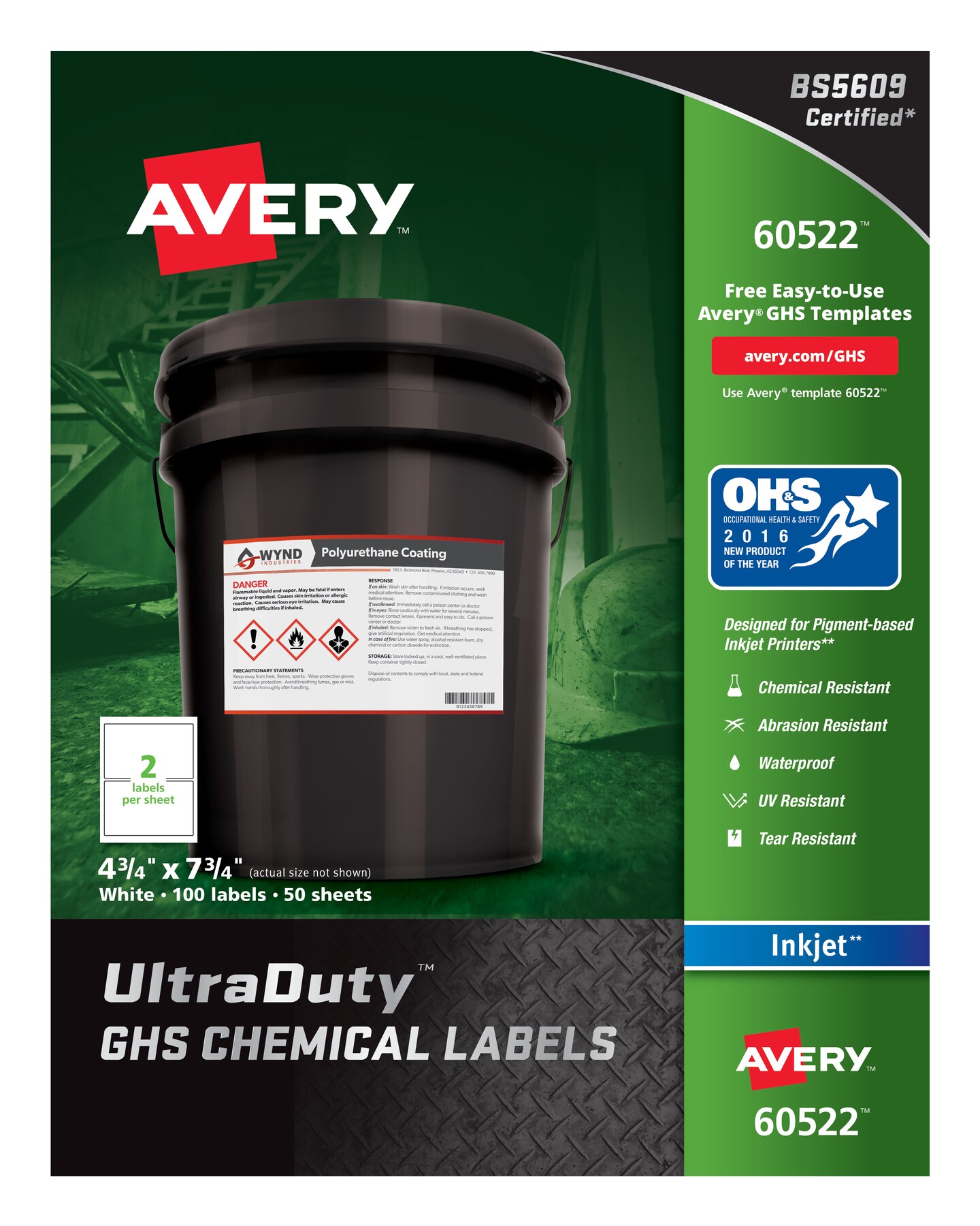 Avery UltraDuty GHS Chemical Labels for Pigment Inkjet Printers, Permanent Adhesive, Waterproof, UV Resistant, 4-3/4&#x22; x 7-3/4&#x22;, 100 Labels (60522)