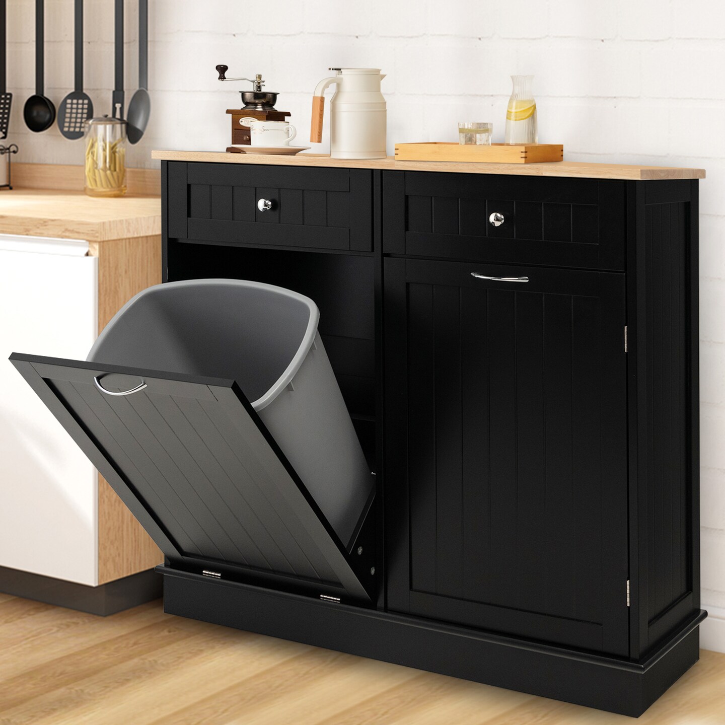 Rubber Wood Kitchen Trash Cabinet with Single Trash Can Holder and Adjustable Shelf