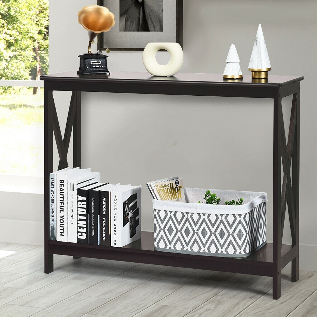 2-Tier Console X-Design Sofa Side Accent Table with Spacious Storage Space