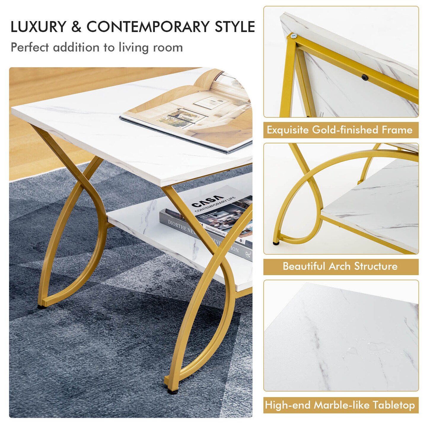 2-Tier Coffee Table Gold Rectangle for Living Room-White