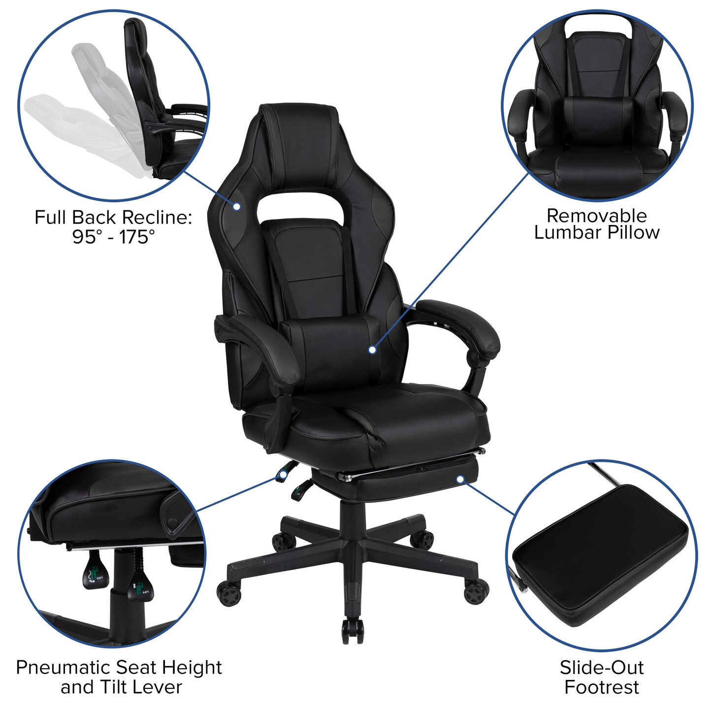 Emma and Oliver Ergonomic Gaming Chair -Recline Back/Arms, Footrest, Massaging Lumbar