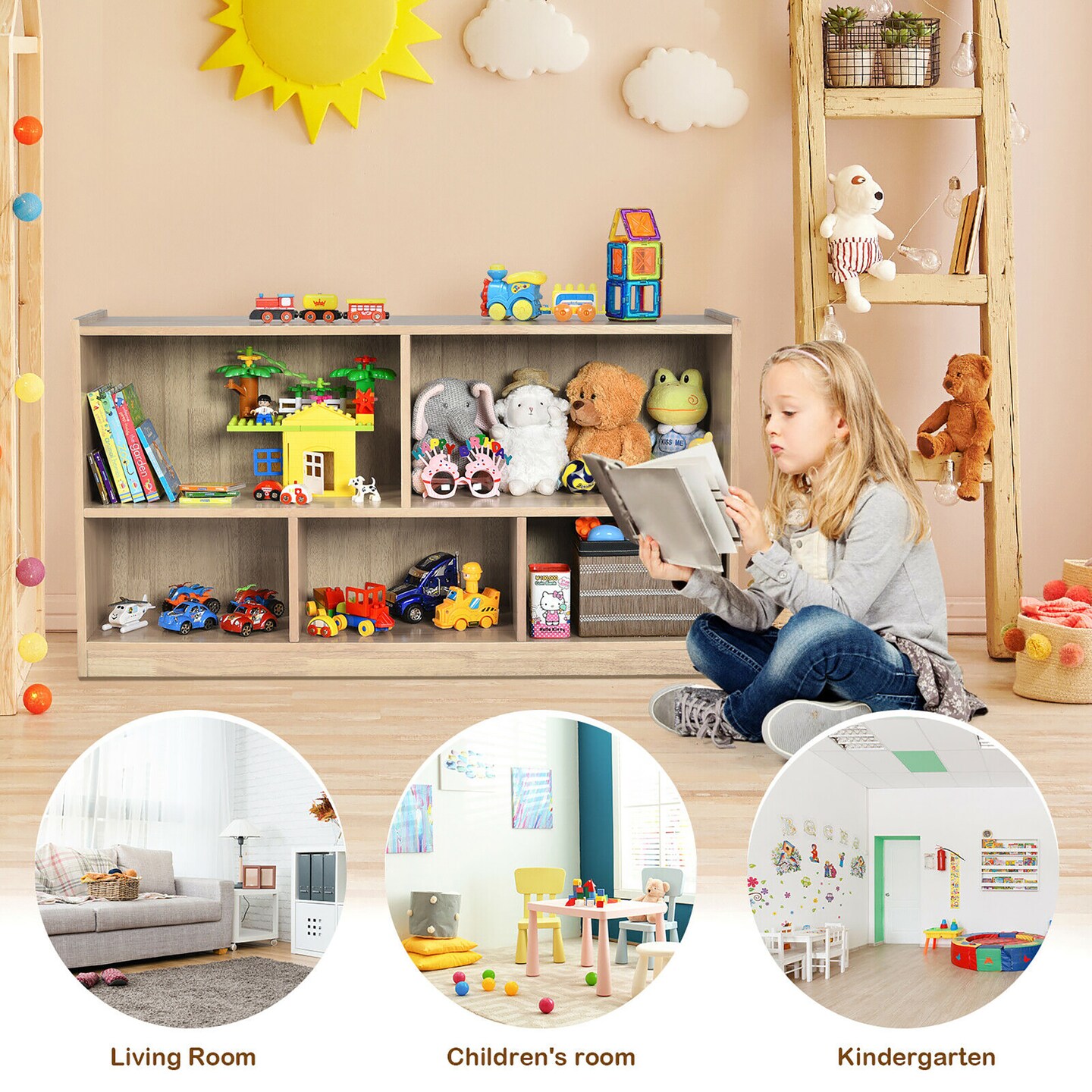 Costway Kids 5-Cube Storage Cabinet 2-Shelf Wood Bookcase Organizer Natural