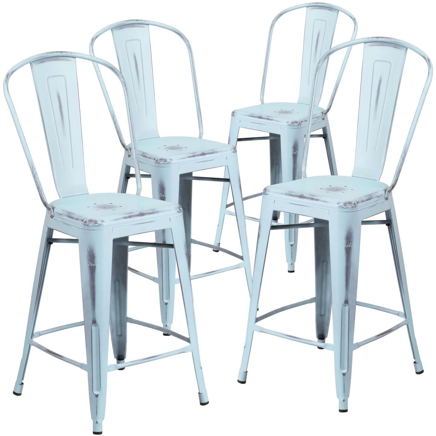 Emma and Oliver Commercial Grade 4 Pack 24" High Distressed Metal Indoor-Outdoor Counter Height Stool with Back