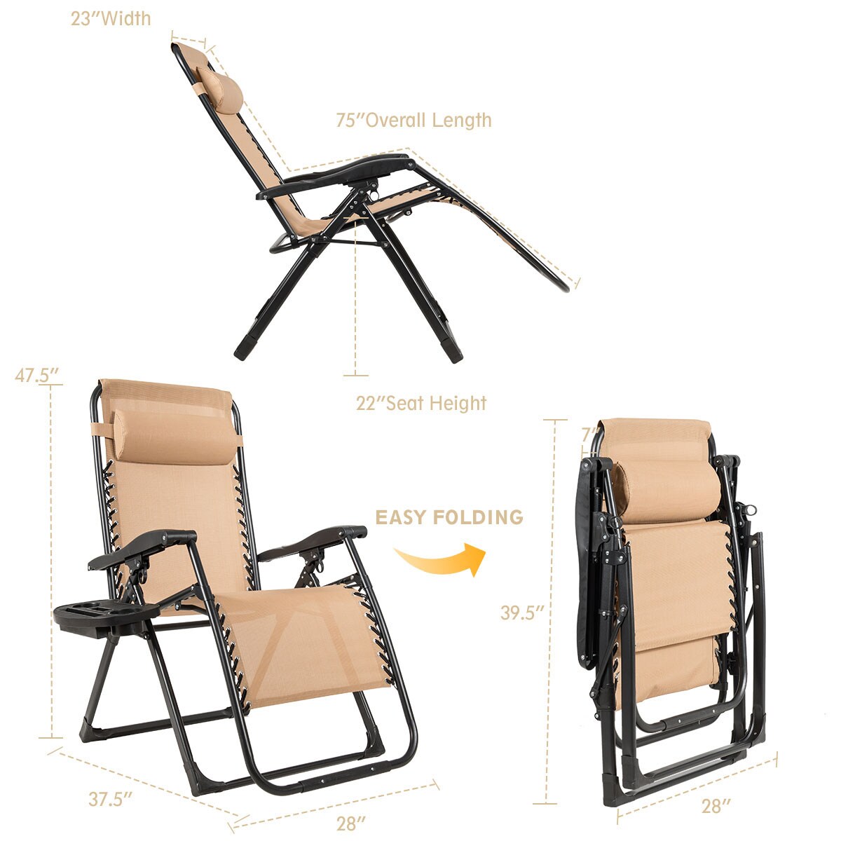 Costway Oversize Lounge Chair Patio Heavy Duty Folding Recliner