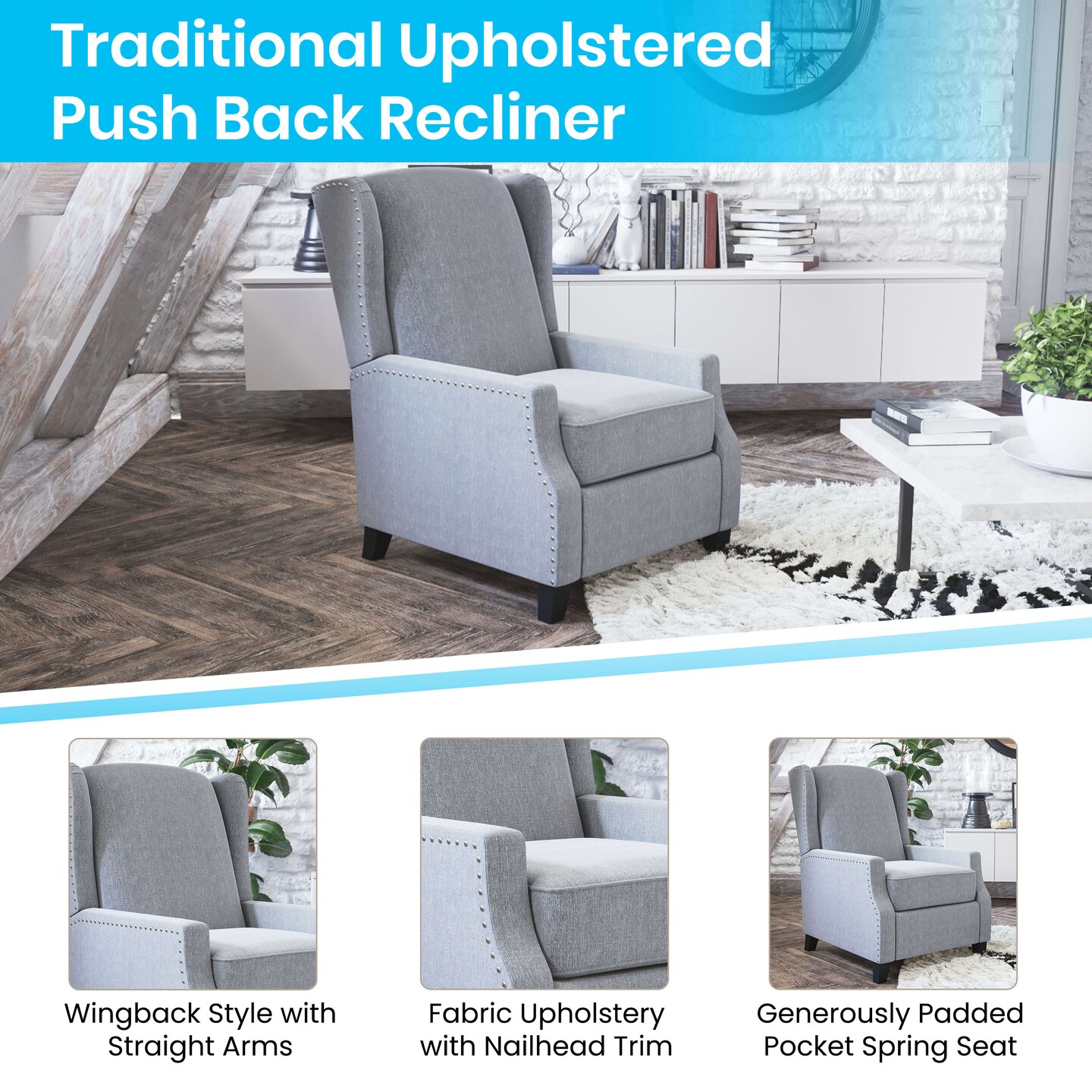 Merrick Lane Mauro Contemporary Pushback Recliner with Accent Nail Trim-Wingback Manual Recliner