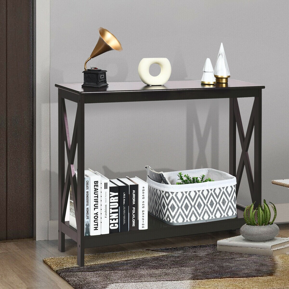 2-Tier Console X-Design Sofa Side Accent Table with Spacious Storage Space