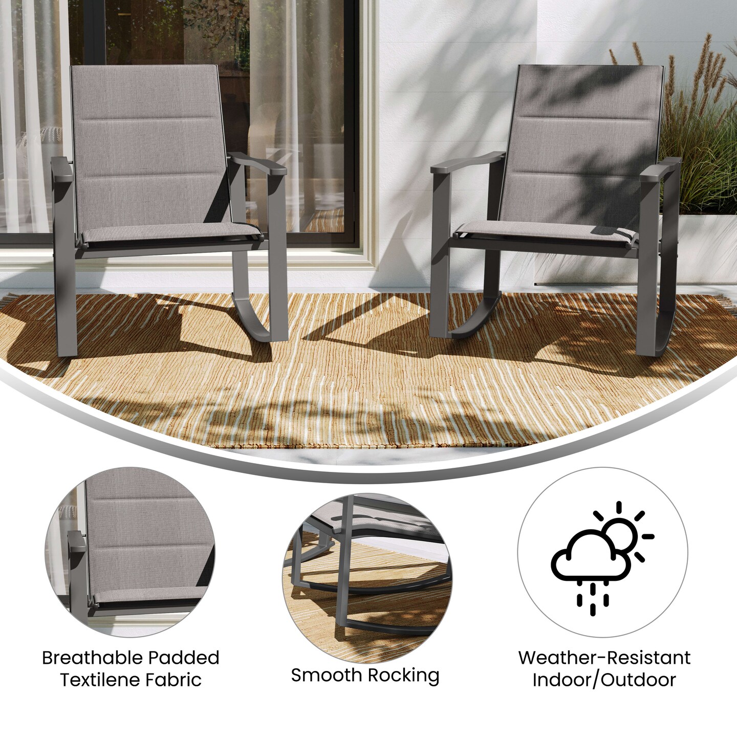 Merrick Lane Brevyn Set of 2 Flex Comfort Outdoor Rocking Chairs with Steel Frames