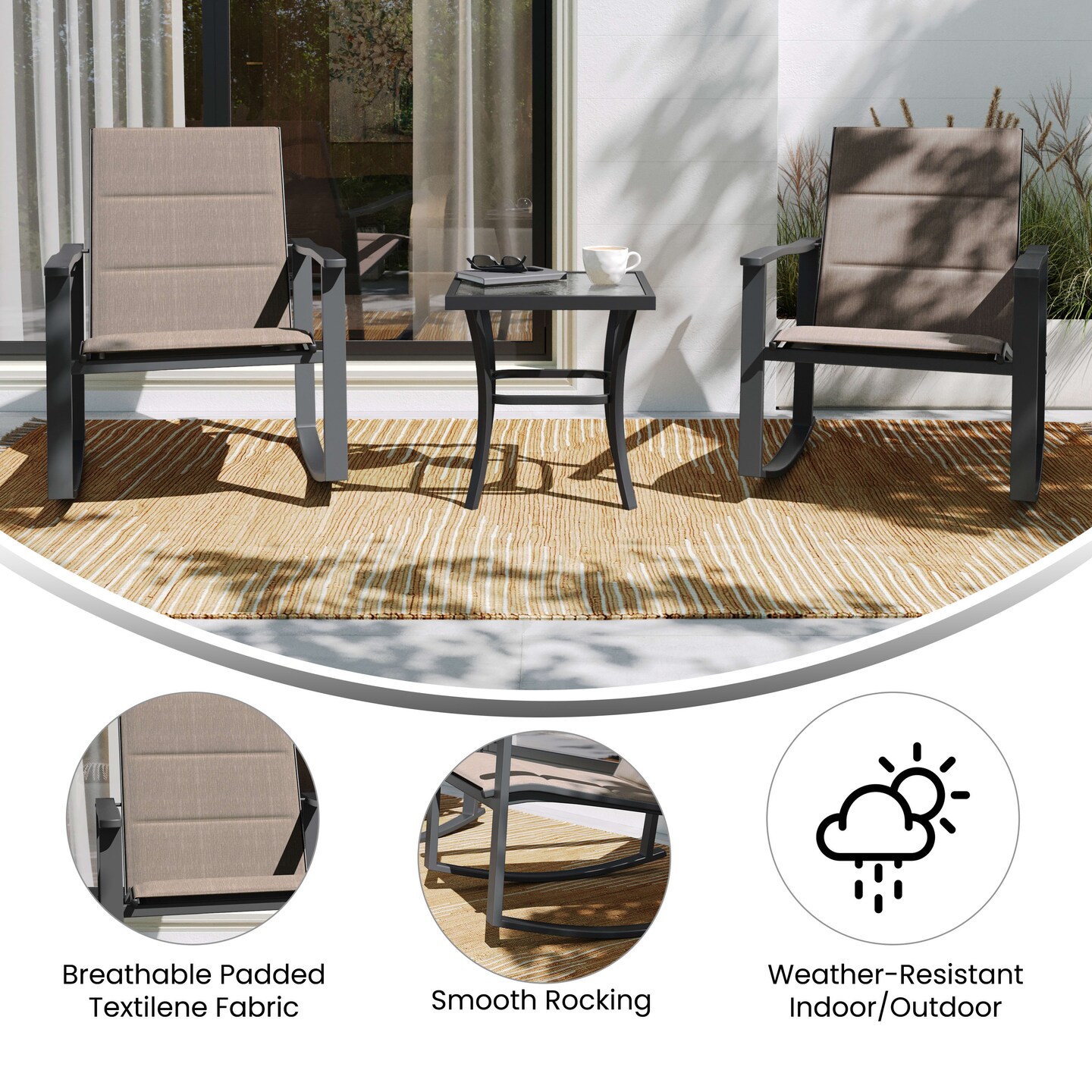 Merrick Lane Brevyn 3 Piece Outdoor Bistro Set with Flex Comfort Rocking Chairs and Steel Framed Glass Top Table