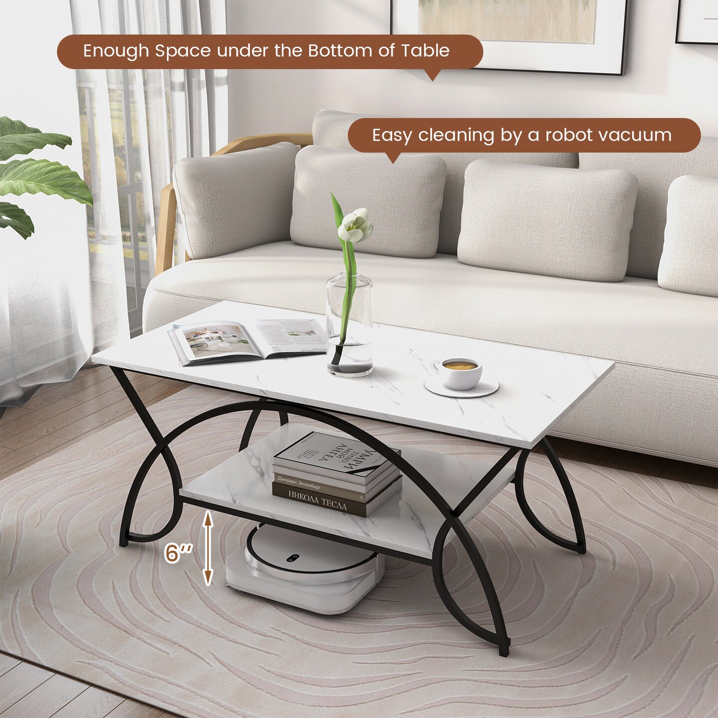 2-Tier Faux Marble Coffee Table with Marble Top and Metal Frame-Black & White