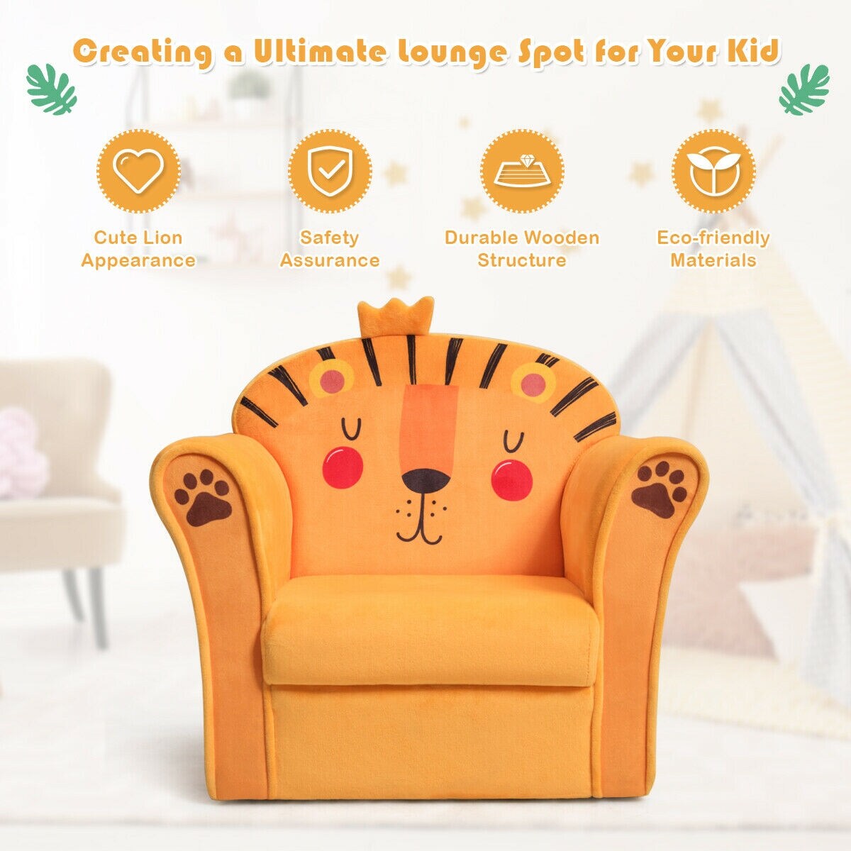 Kids Armrest Upholstered Sofa Chair with Cute Patterns with Wide Backrest