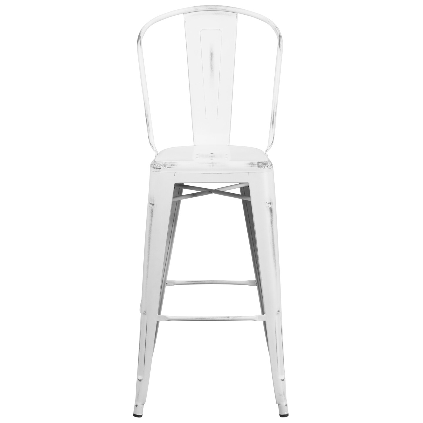 Emma and Oliver Commercial Grade 4 Pack 30&#x22; High Distressed Metal Indoor-Outdoor Barstool with Back