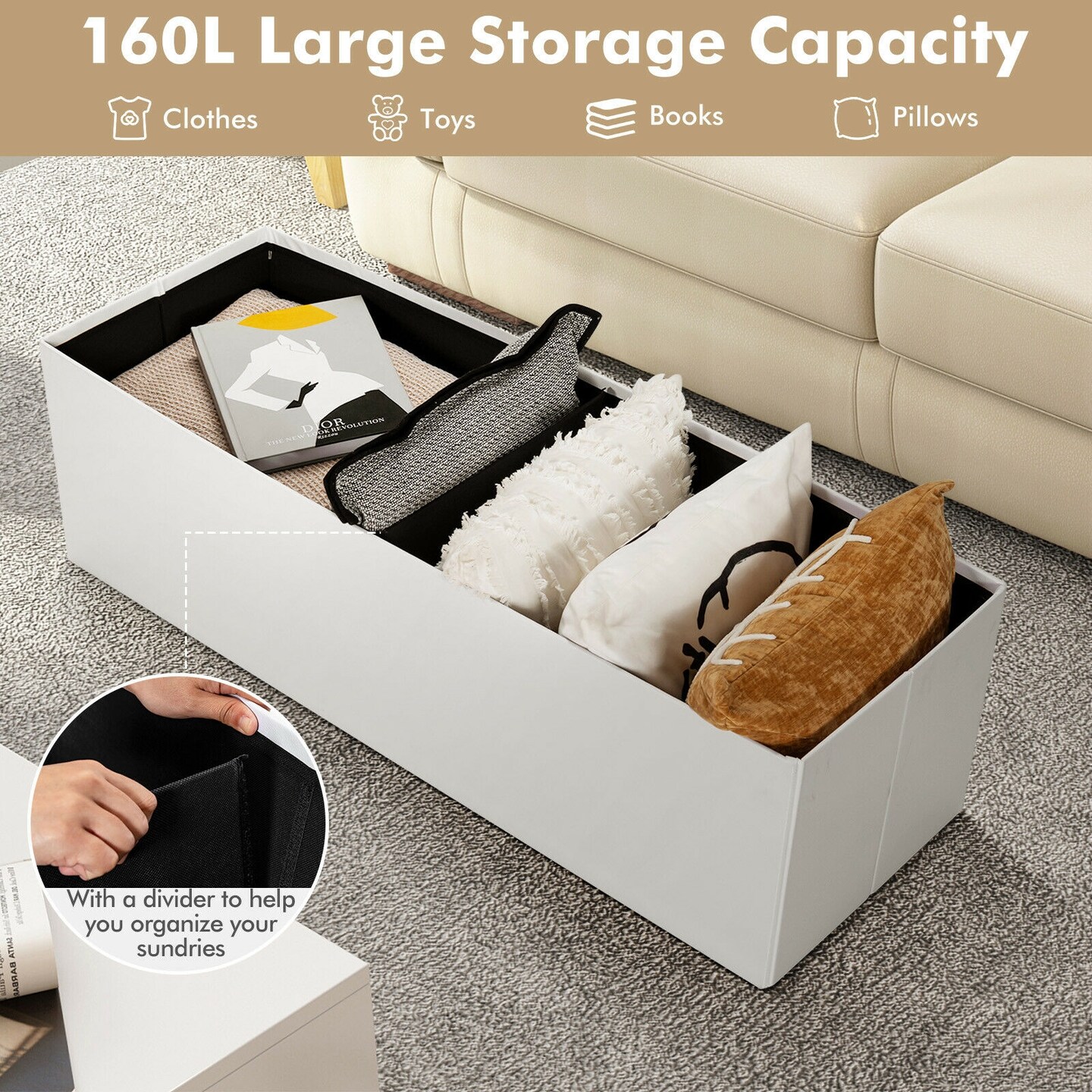 45 Inches Faux Leather Foldable Ottoman Storage Bench with Thick Sponge Padded Seat