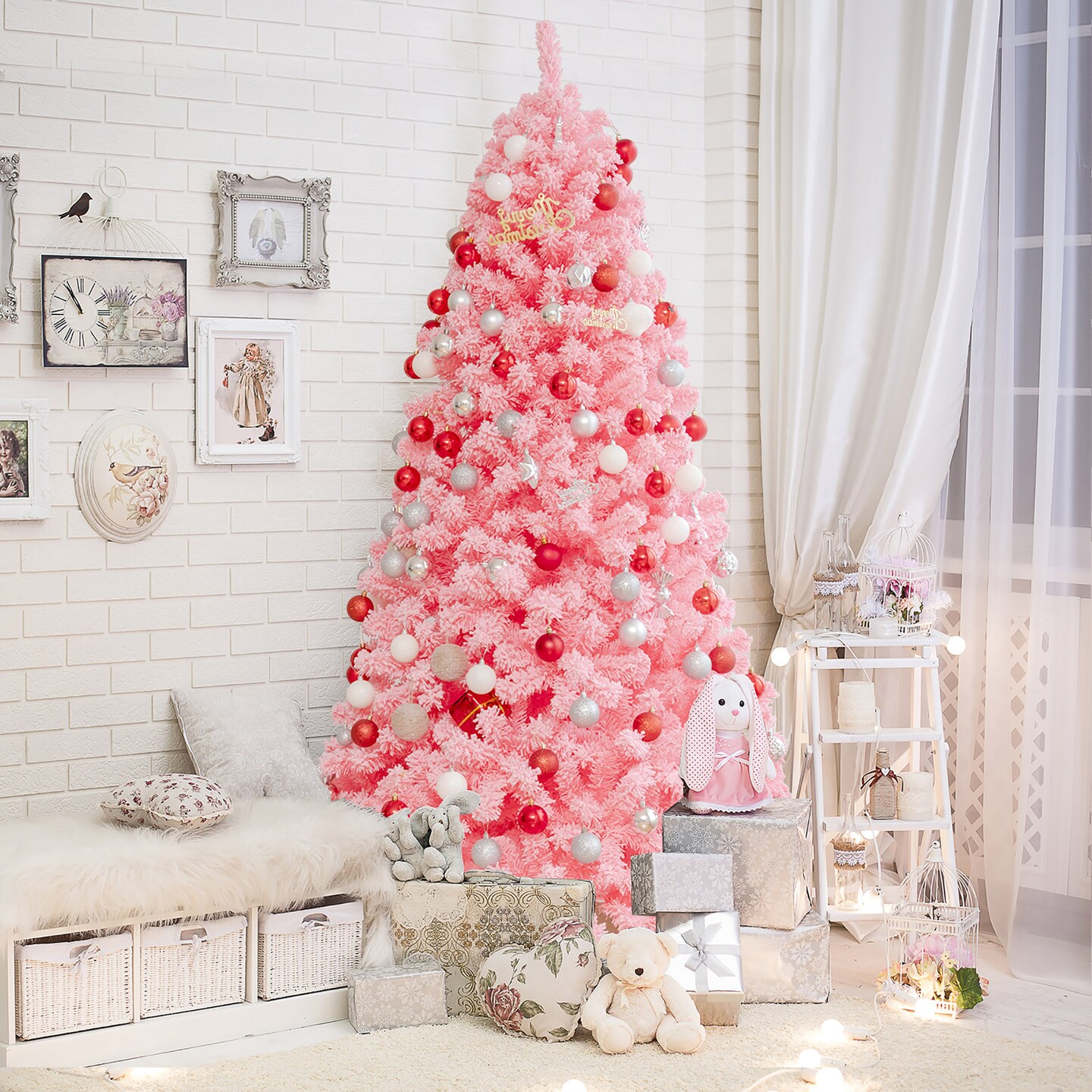 Costway 7.5ft Snow Flocked Hinged Artificial Christmas Tree w/ Metal Stand Pink