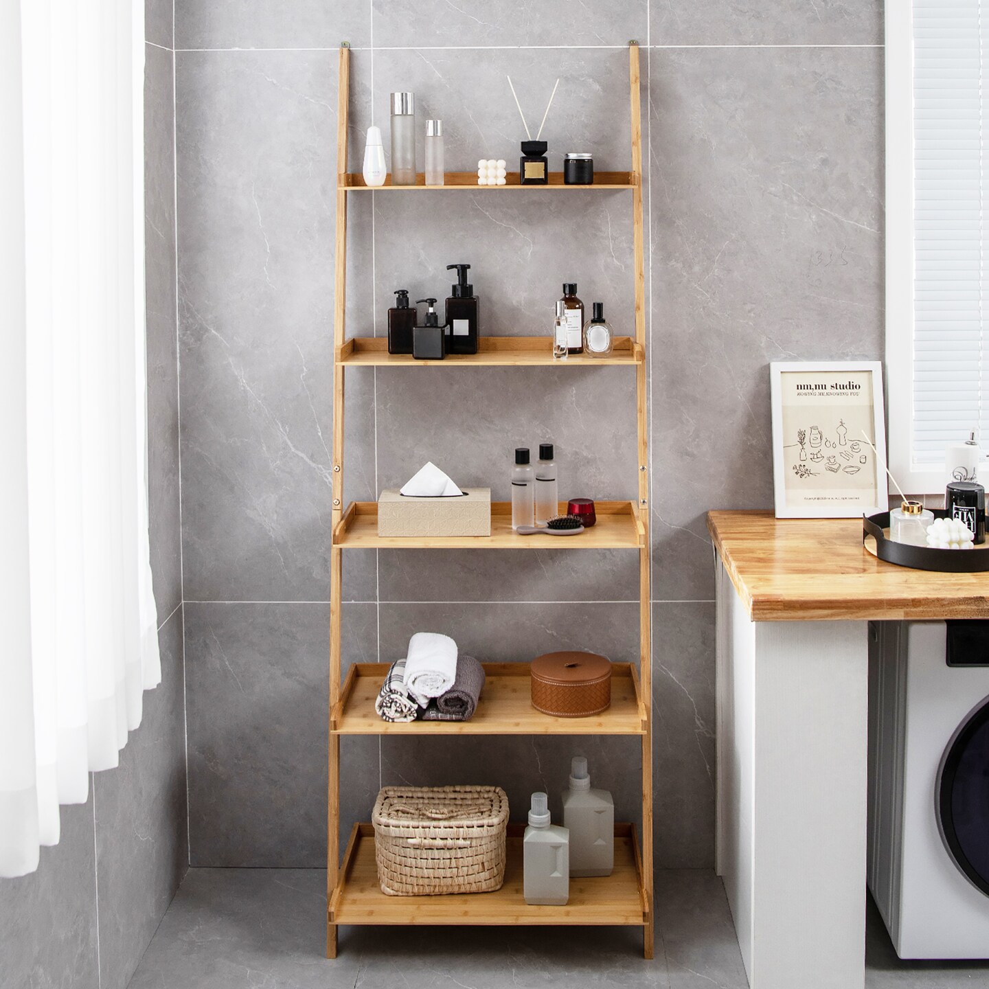 Costway 2 PCS 5-Tier Bamboo Ladder Shelf Wall-Leaning Display Bookcase Storage Rack