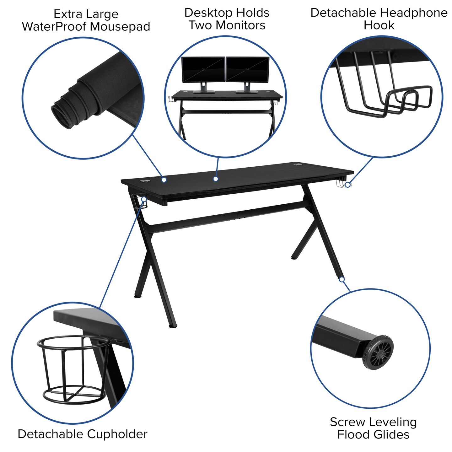 Emma and Oliver Gaming Desk Bundle - Cup &#x26; Headphone Holders/Mouse Pad Top