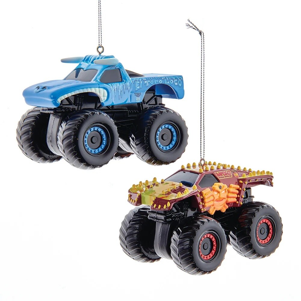 KSA Pack of 24 Monster Jam El Toro Loco Ice and Max D Fire Truck Christmas Ornaments 14.5"