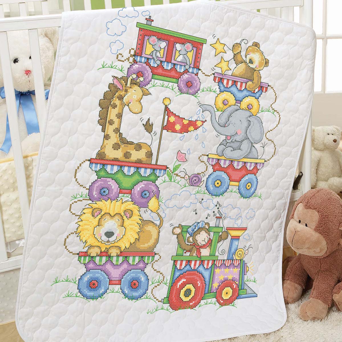 Herrschners Circus Train Baby Quilt Stamped Cross-Stitch Kit