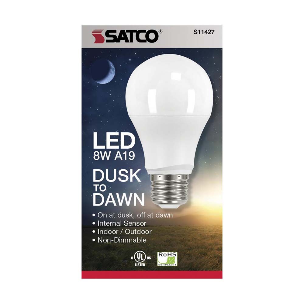 Satco 8w A19 LED Dusk to Dawn With PhotoCell 5000K Medium base 120v - 60w-equiv
