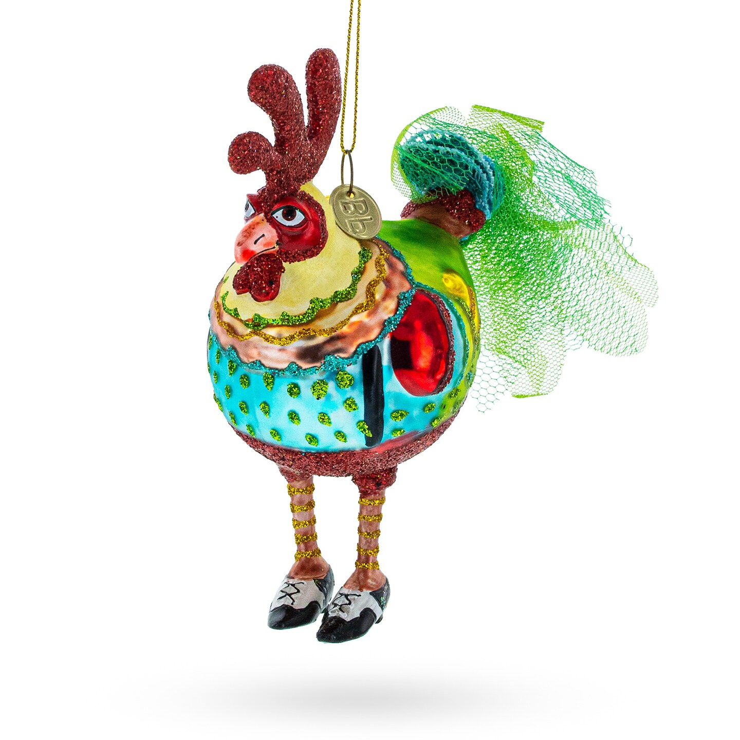 Rooster wearing Shoes Glass Christmas Ornament