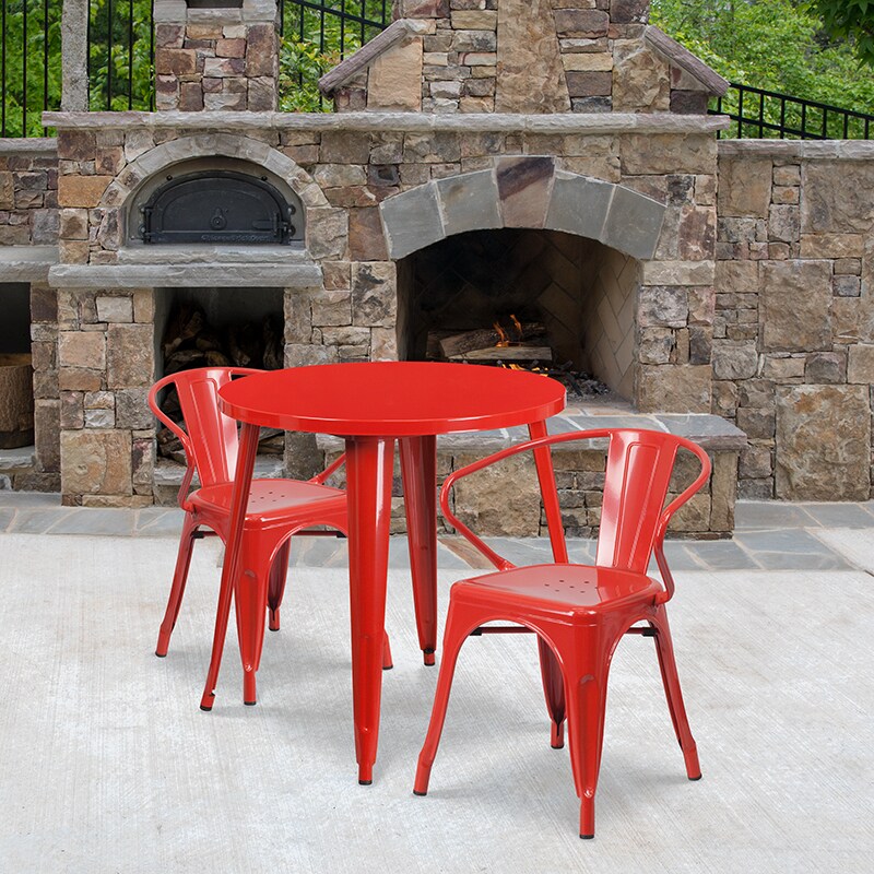 Flash Furniture Commercial Grade 30&#x22; Round Red Metal Indoor-Outdoor Table Set with 2 Arm Chairs