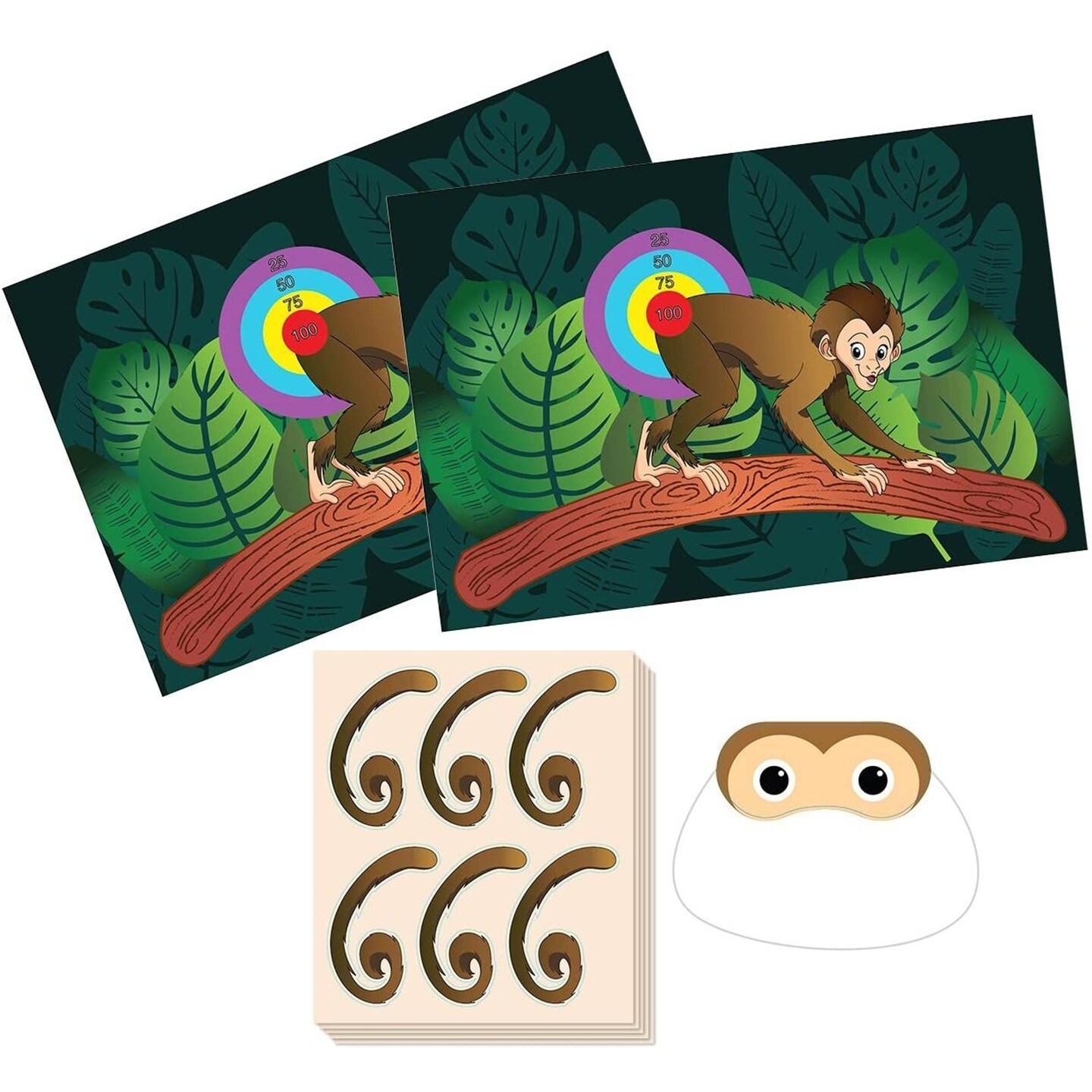 Pin The Tail on The Monkey Birthday Game - Jungle Theme Party Supplies, Zoo Party Favors, Fun for All Ages, 2 Game Posters, 1 Blindfold Mask, 5 Sheets, 30 Tail Stickers