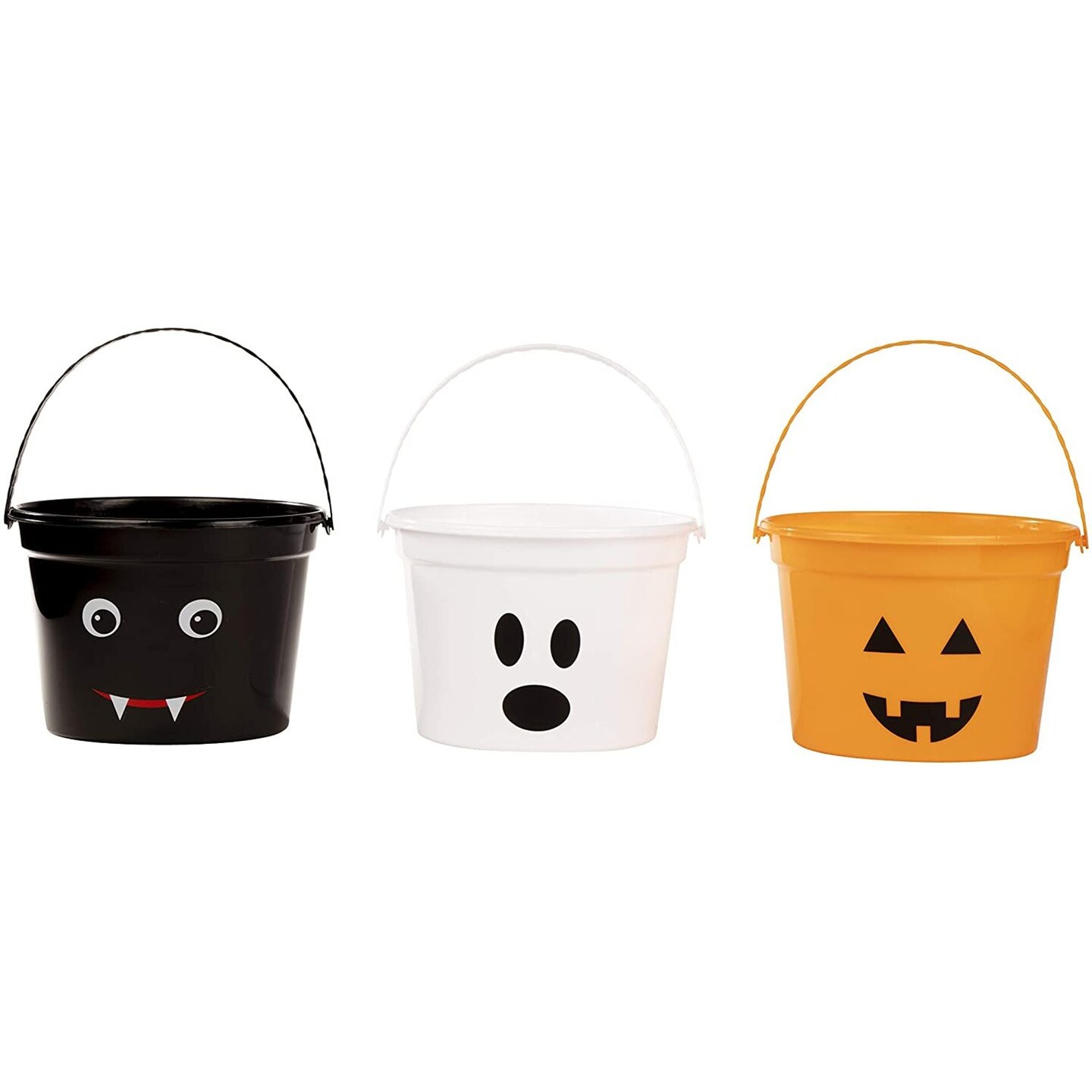 3 Pack Halloween Candy Buckets for for Trick or Treat, Pumpkin, Ghost, Vampire Pails with Handle (8 x 6 In)