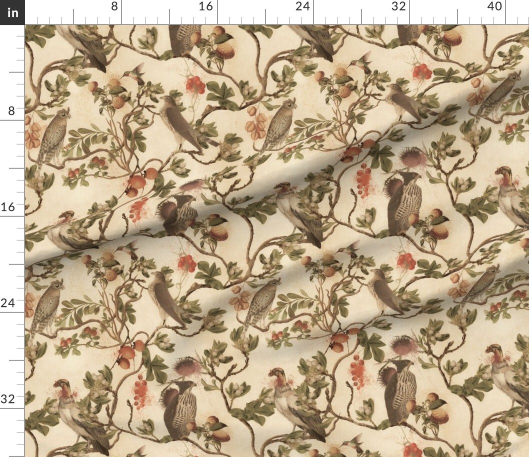 Vintage Birds Watercolor Chinoiserie Antiqued Of Prey Sepia Green Tan Botanical Custom Printed Fabric by Spoonflower Various Fabrics by the Yard or Fat Quarter