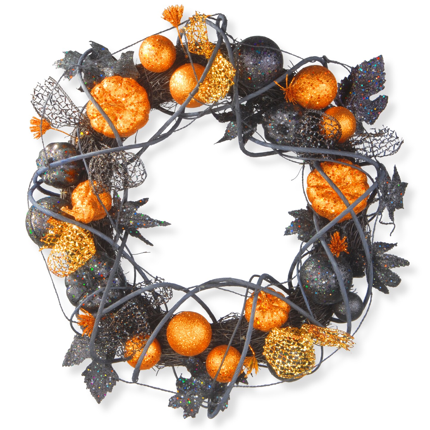 National Tree Company Artificial Halloween Wreath, Decorated with Multicolored Pumpkins, Gourds, Ball Ornaments, Ribbons, Vines, Assorted Leaves, Halloween Collection, 20 inches