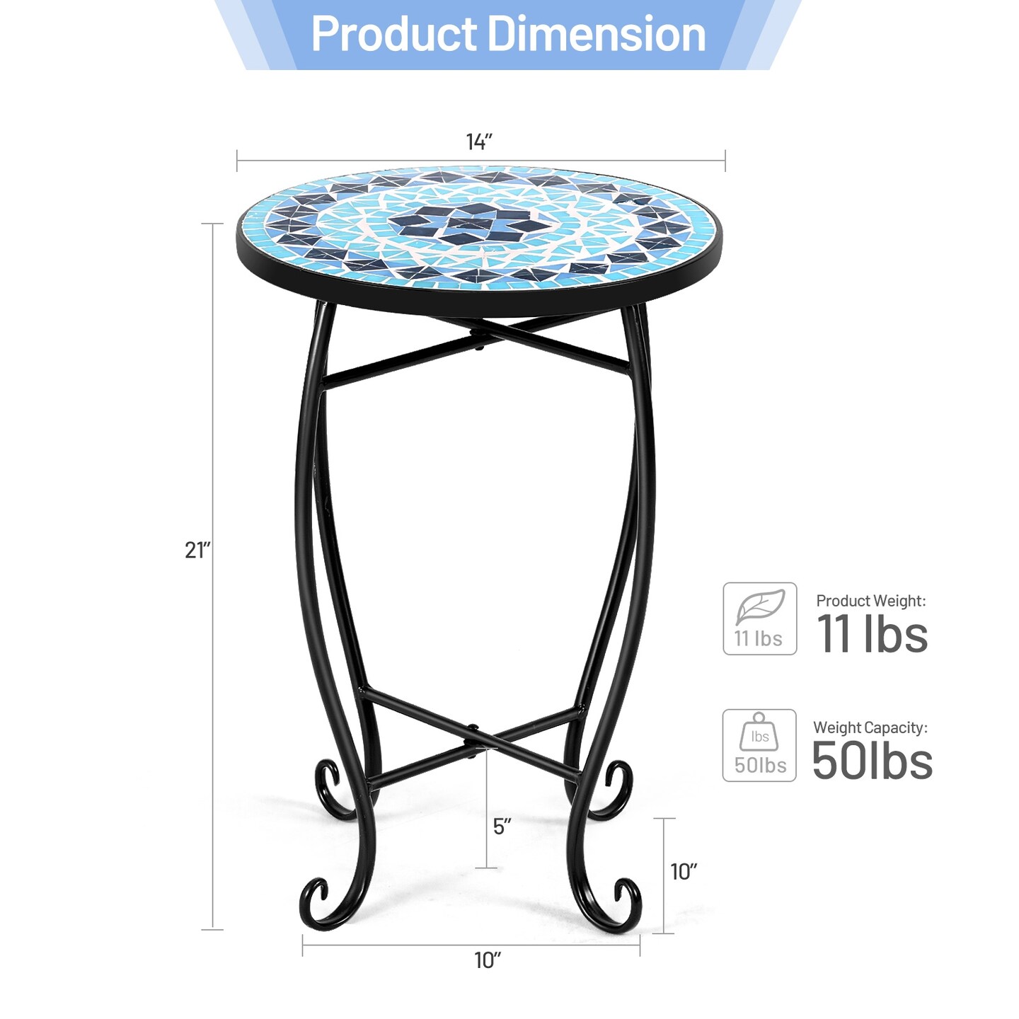 Steel Mosaic Round Accent Table for Patio Lawn Garden