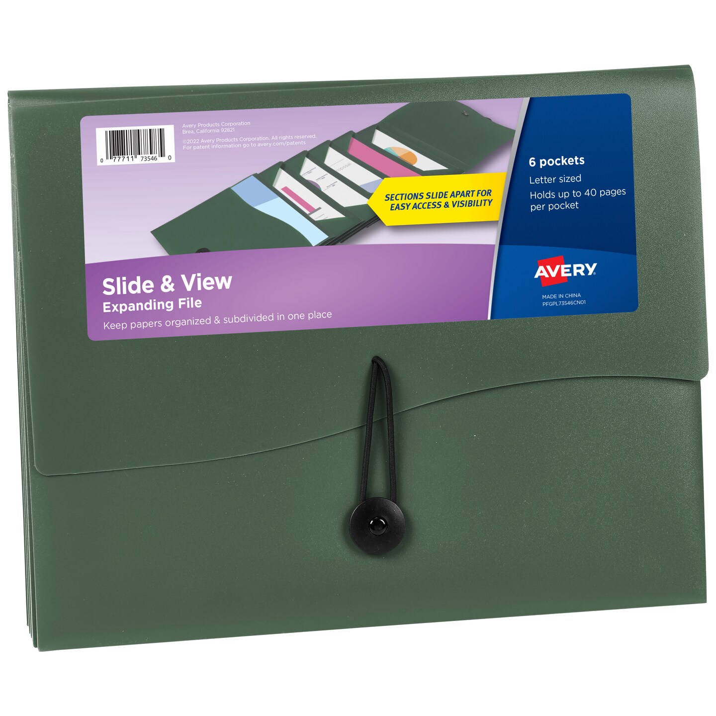 Avery Slide &#x26; View Expanding File Folder, 6 Pockets, Letter Size, 1 Sage Folder (73546)
