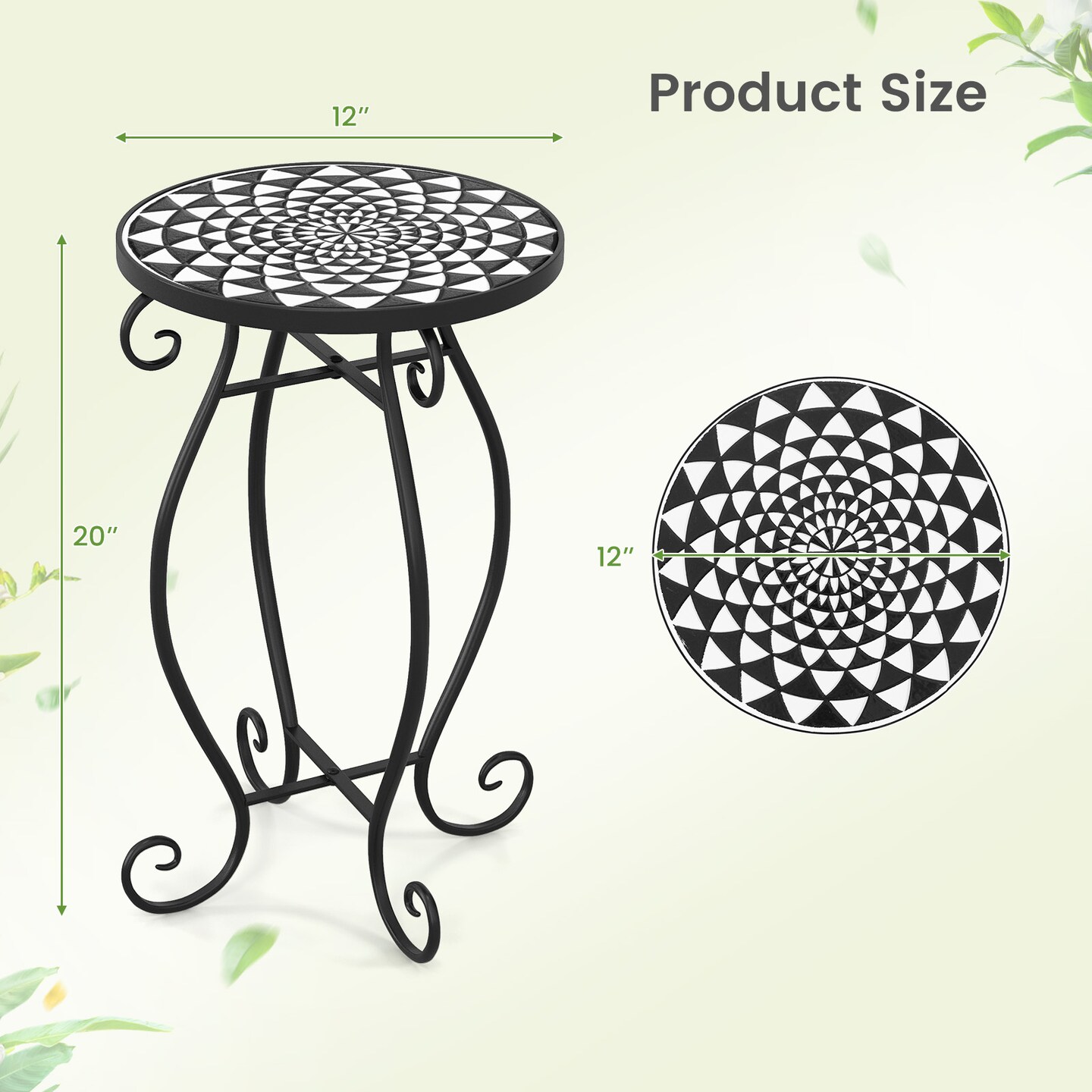 12" Round Ceramic Tile Table with Floral Mosaic Design and Metal Legs Ideal for Balcony or Deck