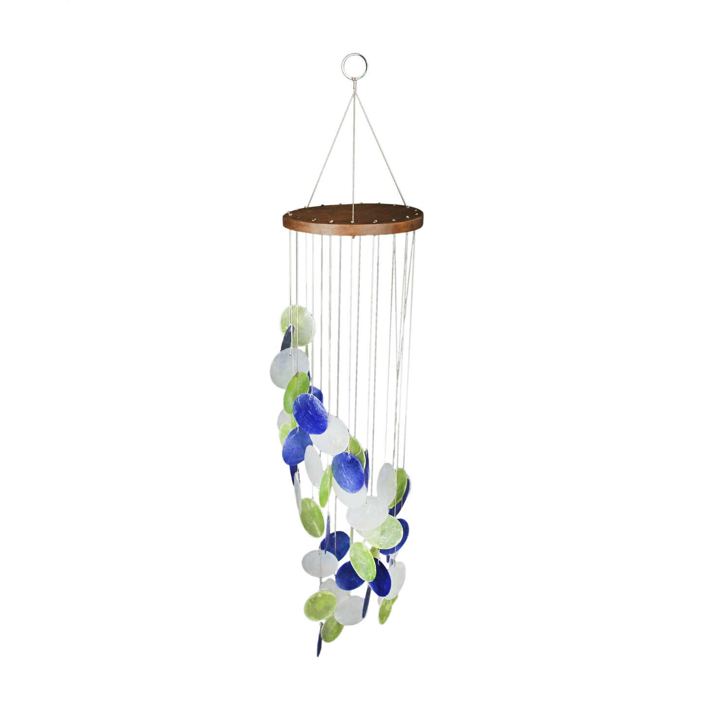 Blue Green and White Capiz Shell Wind Chime 29 Inches Long
