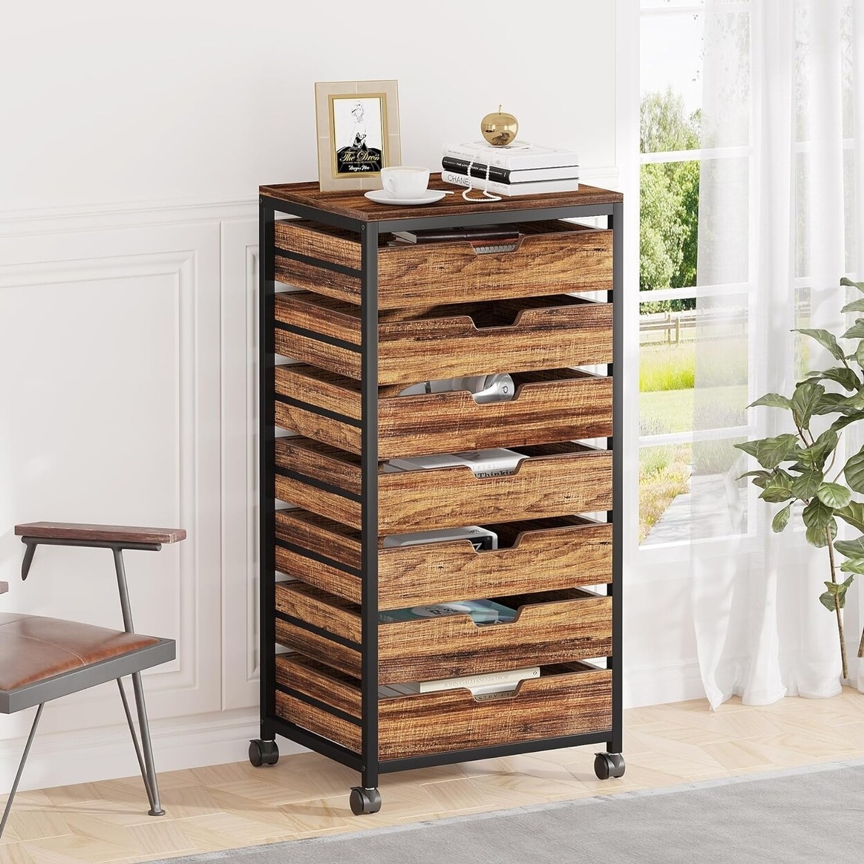 Tribesigns   7 Drawer Chest Wood Storage Dresser Cabinet with Wheels Industrial Storage Drawer Organizer Cart