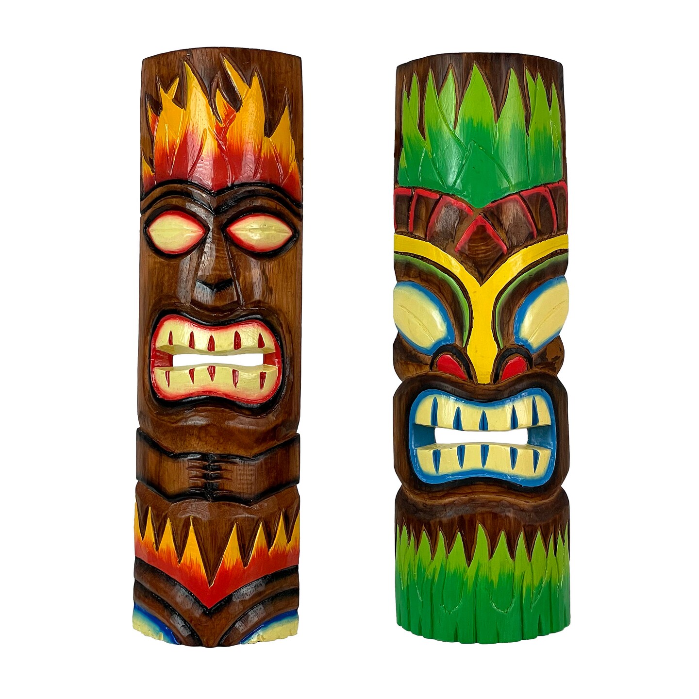 Fire and Earth Hand Crafted Wooden Tiki Totem Wall Masks 20 Inch Set of 2