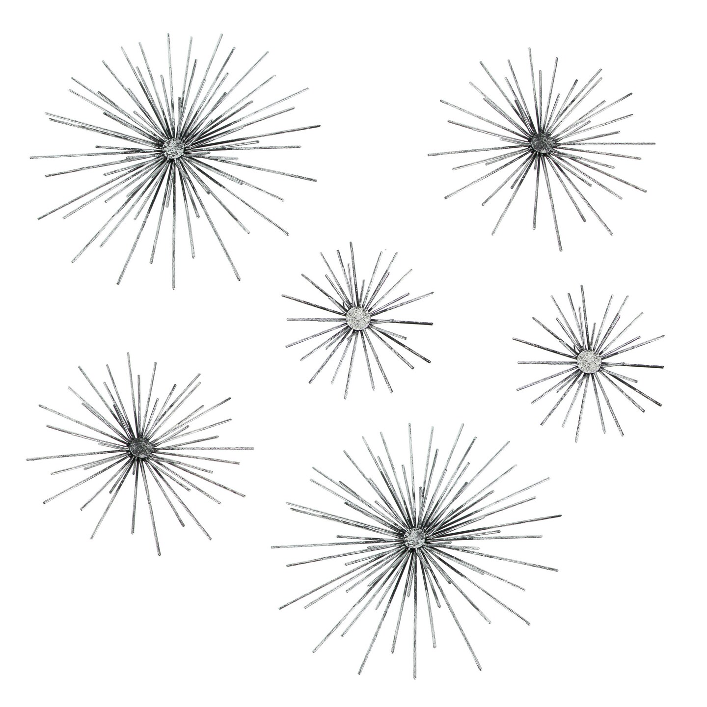 Aged Silver Finish Mid-Century Modern Atomic Star Burst Wall Sculptures Set of 6