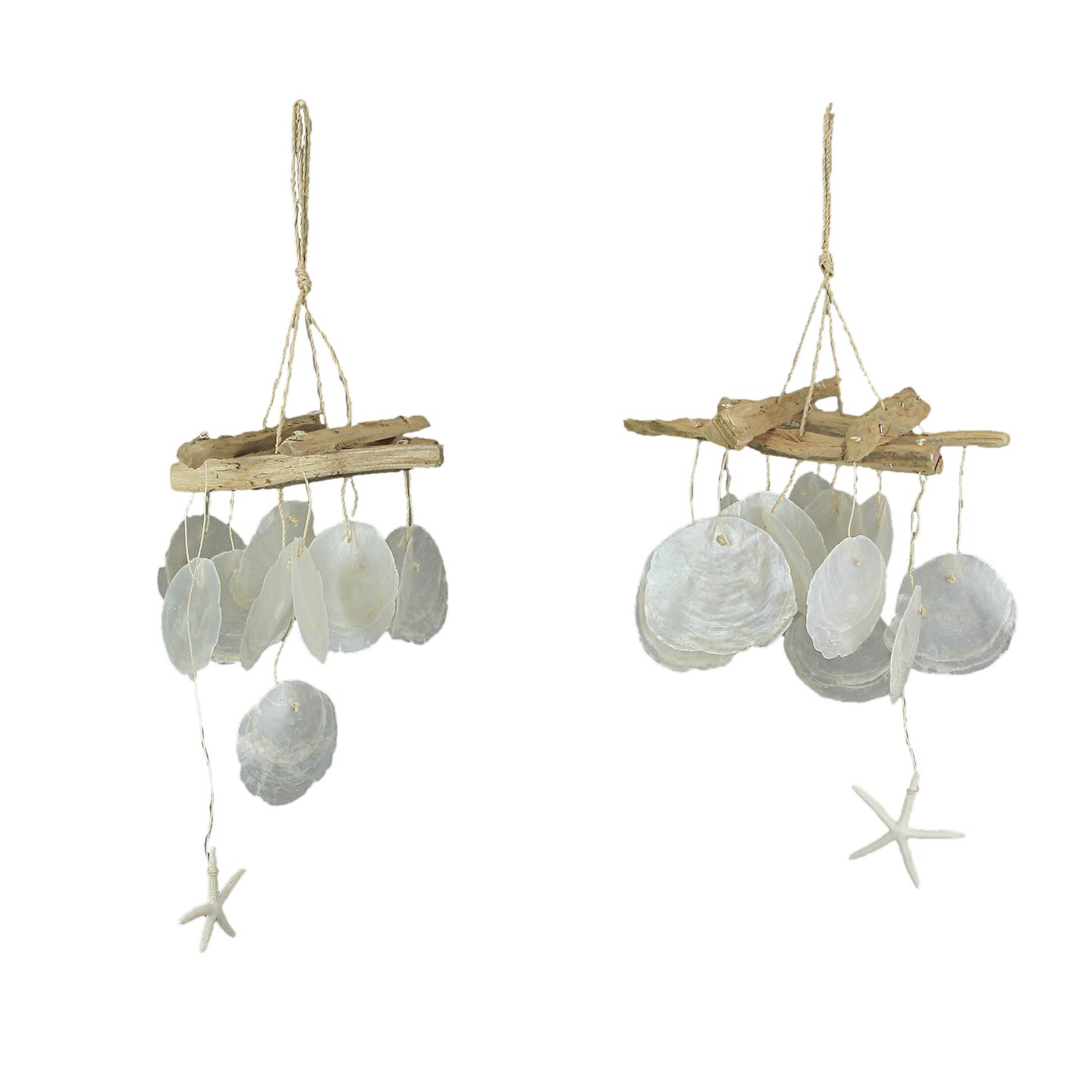 Set of 2 Driftwood White Capiz Shell & Starfish Coastal Wind Chimes Home Decor