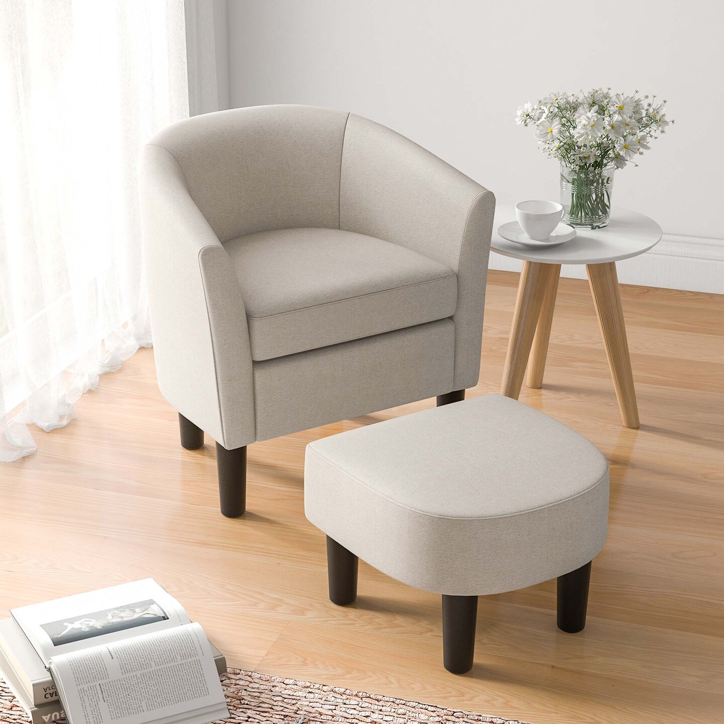 Costway Barrel Club Chair with Ottoman Set Footrest Curved Back &#x26; Removable Seat Cushion Grey/Beige