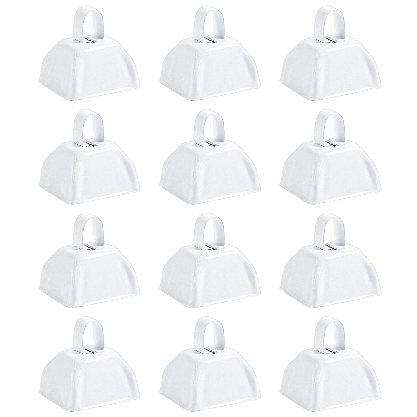 Set of 12 3-inch Cowbells with Handle, Hand Percussion Cow Bells Noise  Makers for Sporting Events, Football Games (White)