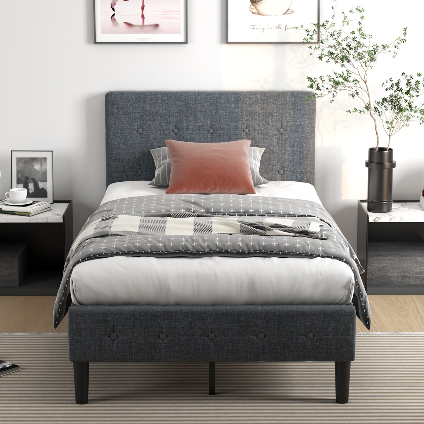 Costway Twin Size Upholstered Bed Frame Platform Bed with Button Tufted Headboard Mattress Foundation Grey