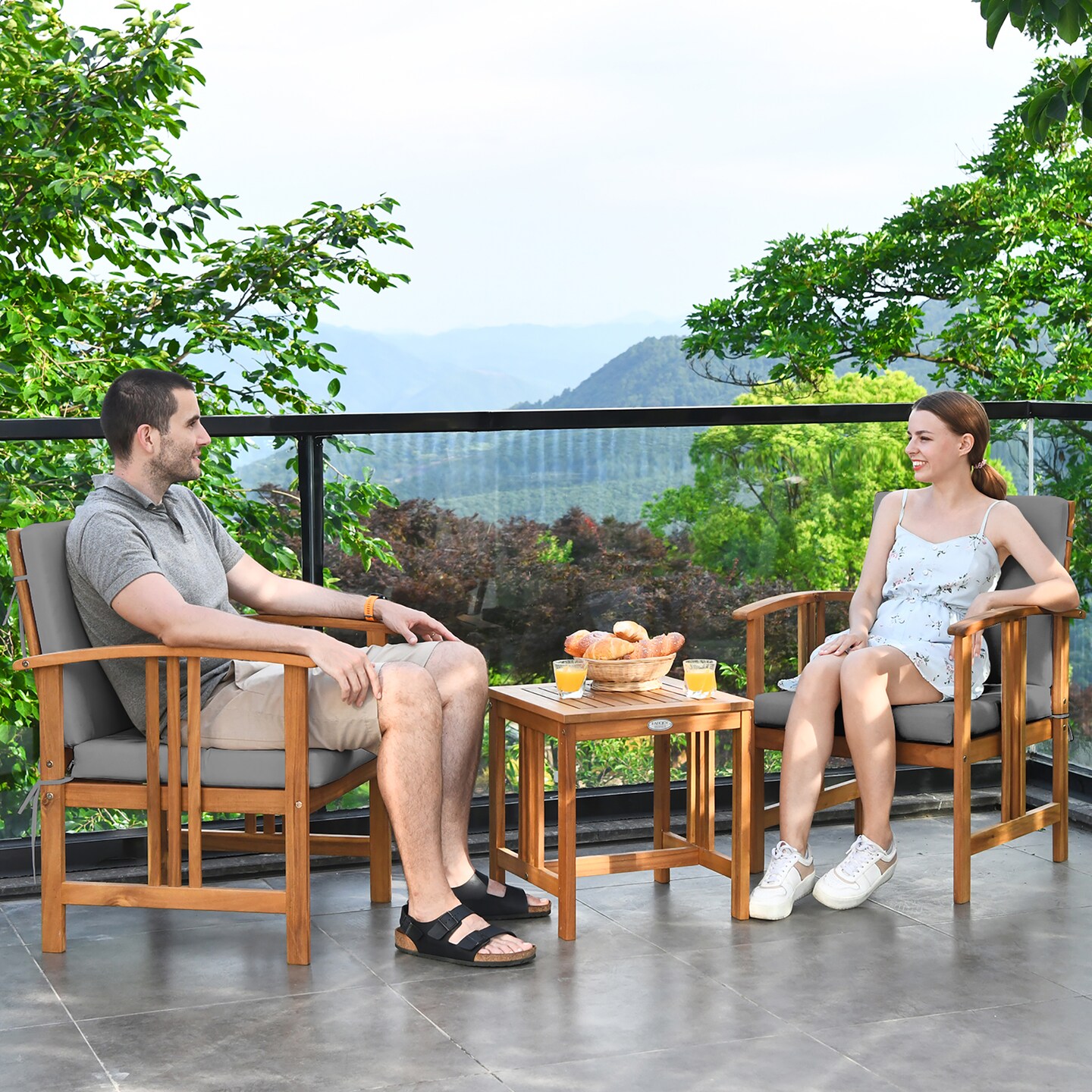 Costway 3PCS  Solid Wood  Patio  Furniture Set Table&#x26;Chairs Grey Cushion