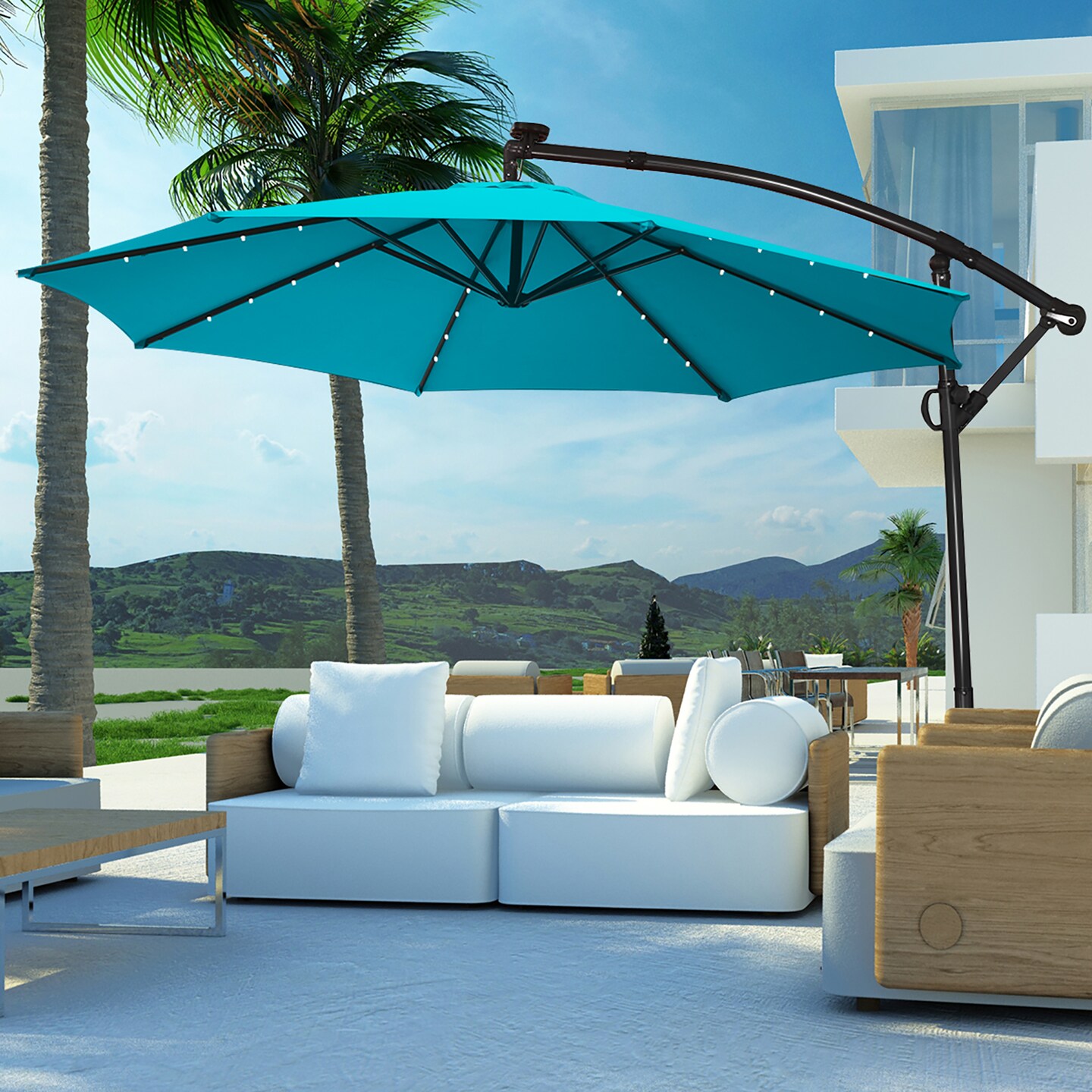 Costway 10FT Patio Offset Umbrella 32 Solar LED Light 360Degree Rotation Aluminum Turquoise