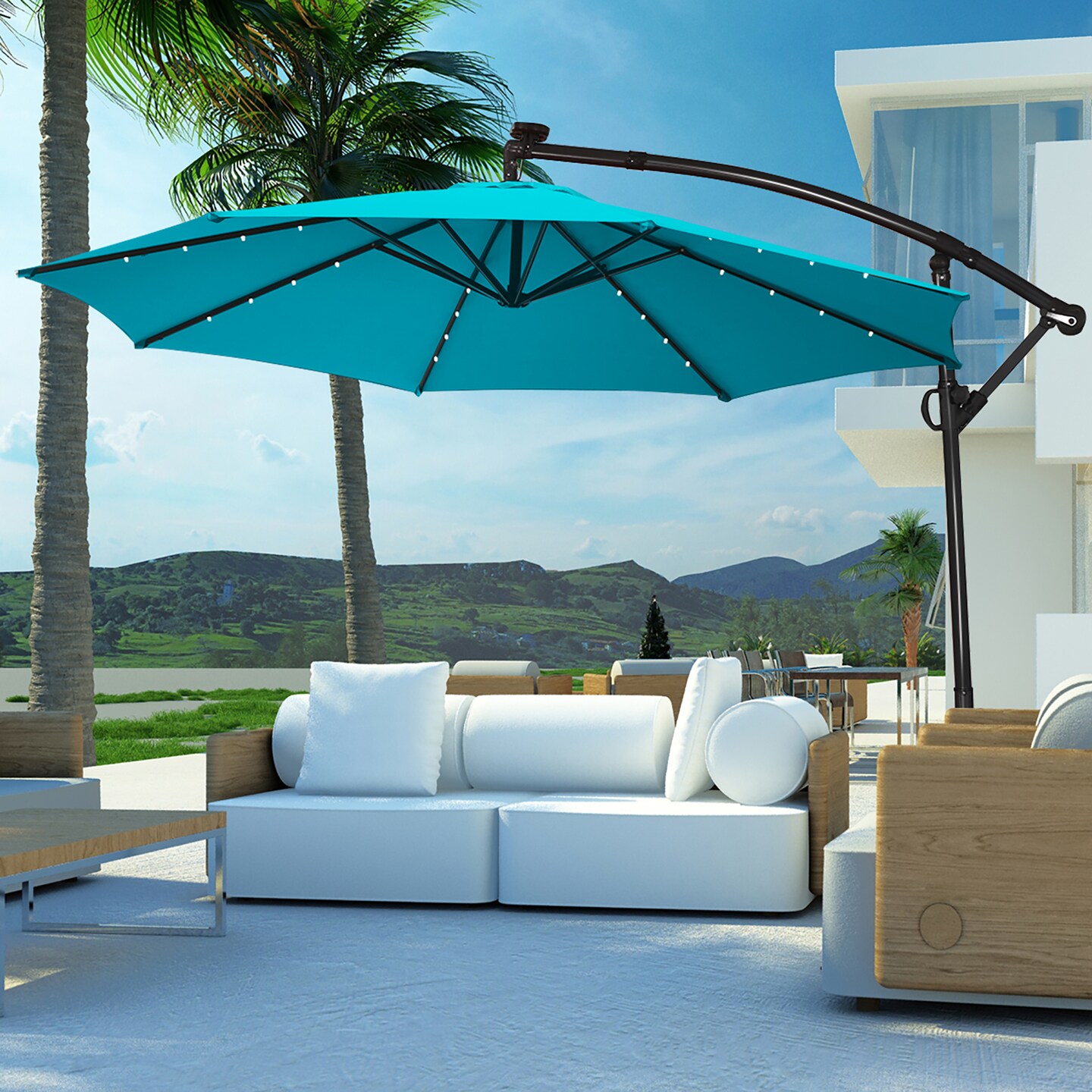 Costway 10FT Patio Offset Umbrella Solar Powered LED 360Degree Rotation Aluminum Turquoise