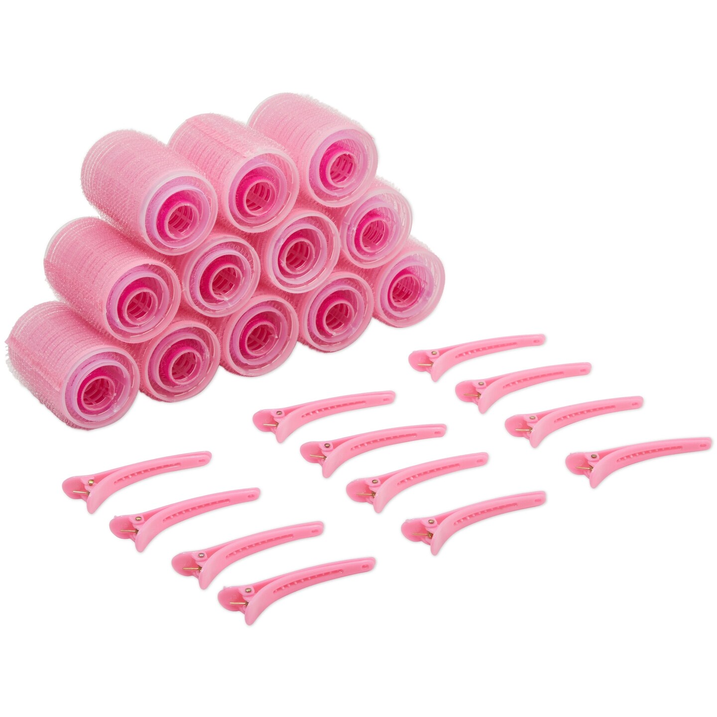 48 Piece Set Self-Grip Hair Rollers with Clips - Pink Hair Curlers in 3 Sizes with Duck bill Shaped Clips Set for Hair Curls (36 Hair Tension Rollers, 12 Clips)