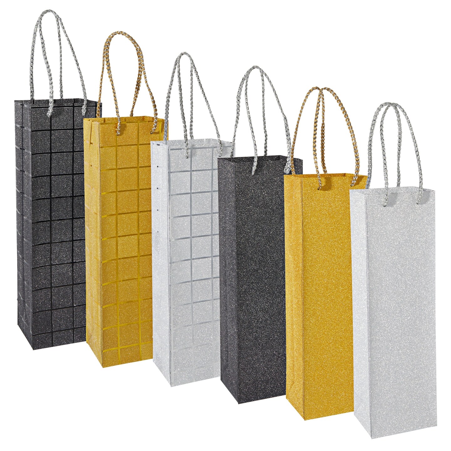 6 Pack Foiled Glitter Wine Bottle Gift Bags with Handles for