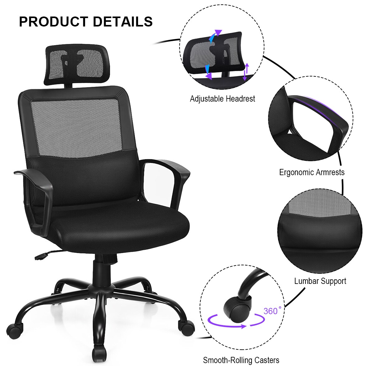 Costway Mesh Office Chair High Back Ergonomic Swivel Chair w/ Lumbar Support & Headrest