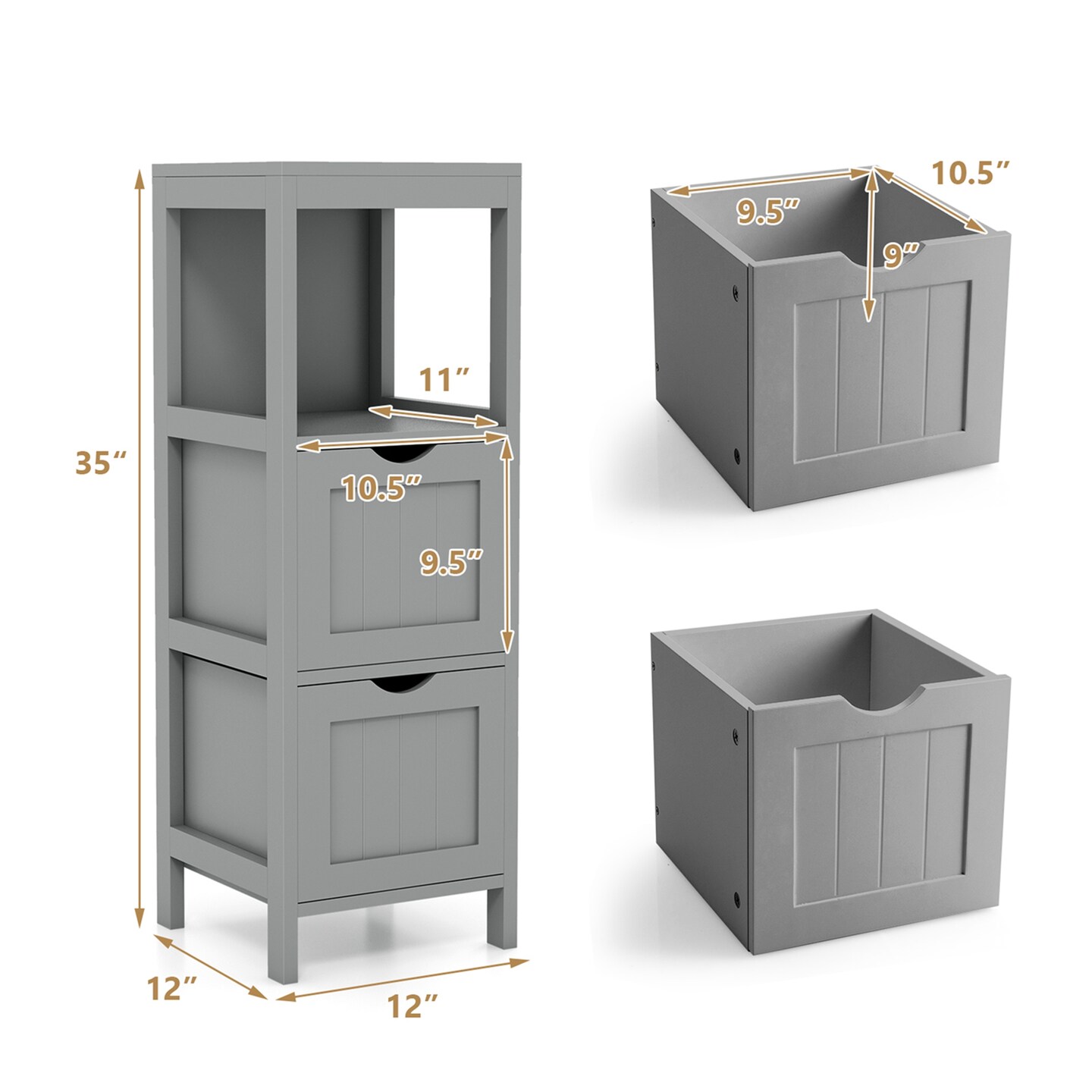Costway Bathroom Floor Cabinet Freestanding Side Storage Organizer with 2 Removable Drawers Brown/Grey/Black
