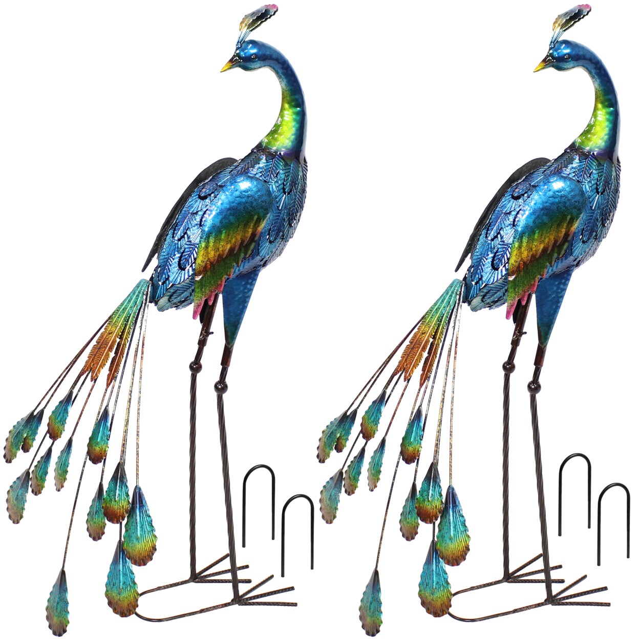 Sunnydaze Peacock Outdoor Metal Garden Statue - 34.5 In - Set Of 2