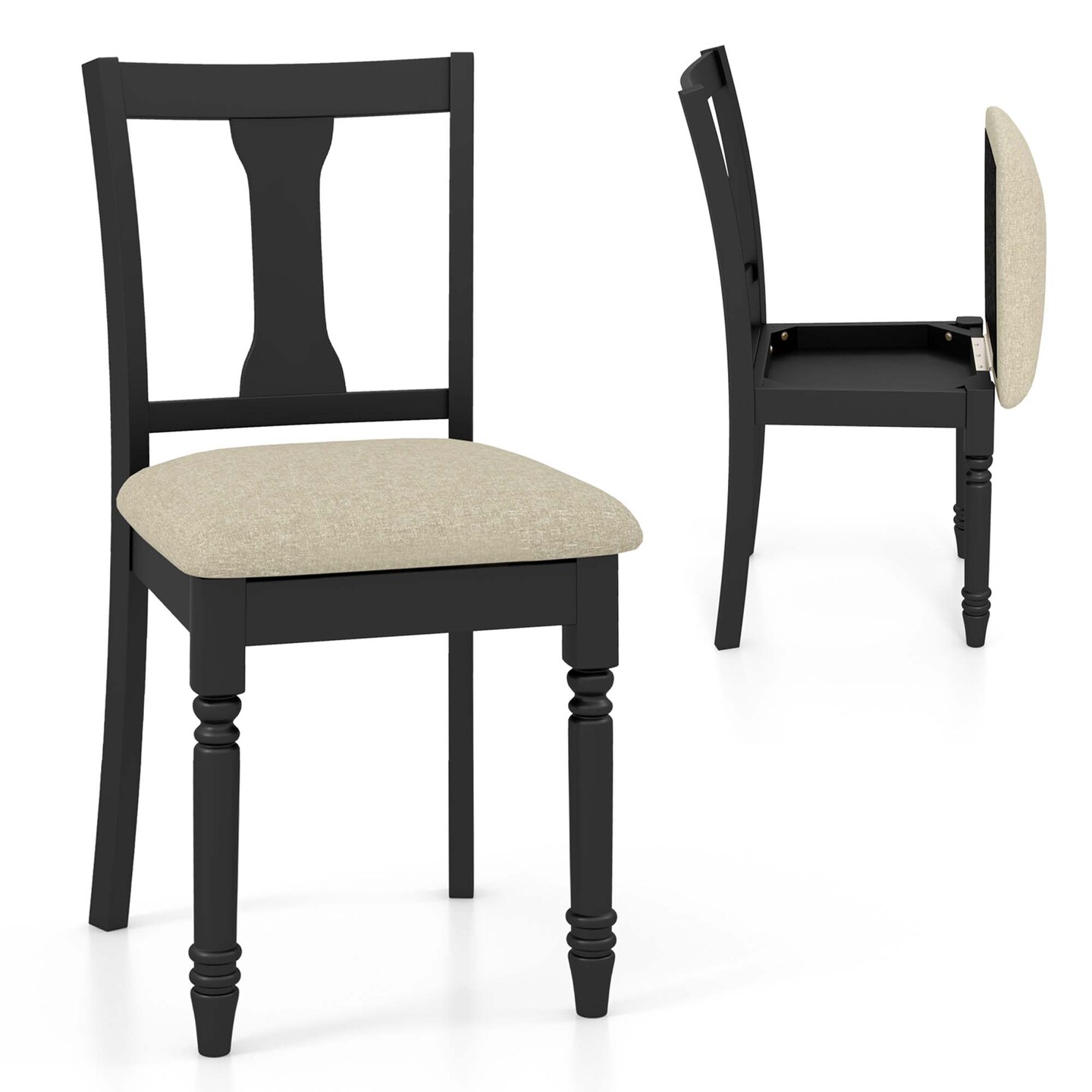Costway 2 PCS Wood Chair Antique Upholstered Chair with Storage Space Black &#x26; Beige/Brown &#x26; Light Gray